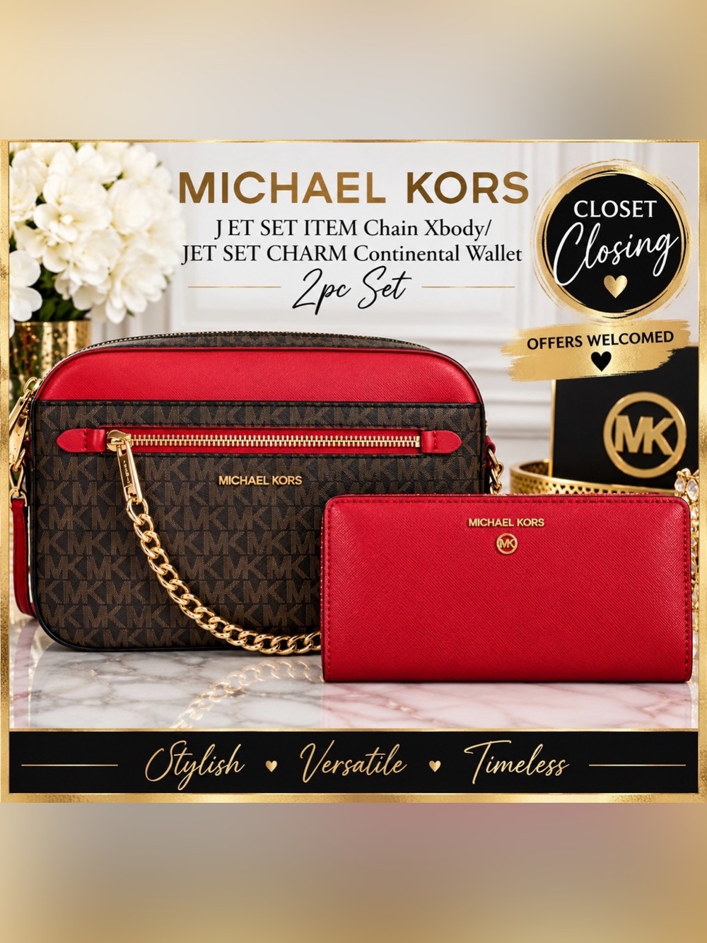 Michael Kors JET SET ITEM Chain Xbody/JET SET CHARM Continental Wallet 2pc Set